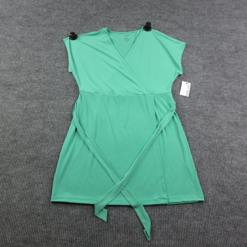 Nine West Dress Womens XL Tangy Green Wrap V-Neck Dolman Sleeve Tie NWT